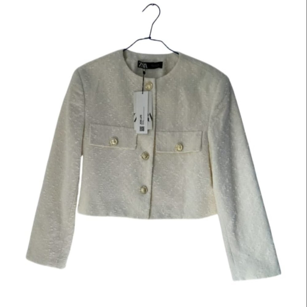 ZARA SHORT TEXTURED BLAZER Oyster White 2753/026 SIZE S